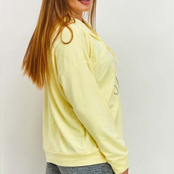 RAE DUNN. Yellow Hooded Sweatshirt w/Drawstring Graphic Print “HELLO SUNSHINE” - Picture 6 of 16